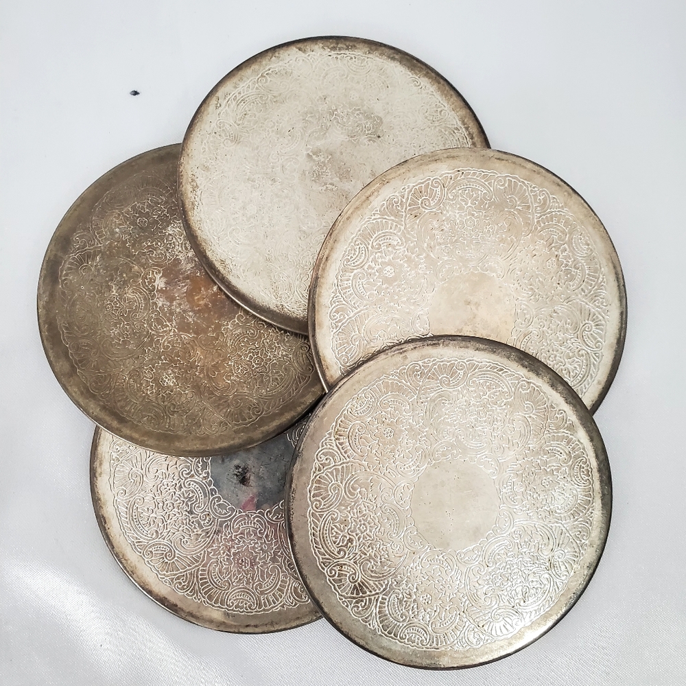 Vintage Rodd Silverplate Set of 5 Tumbler Coasters, Floral Design, Australia